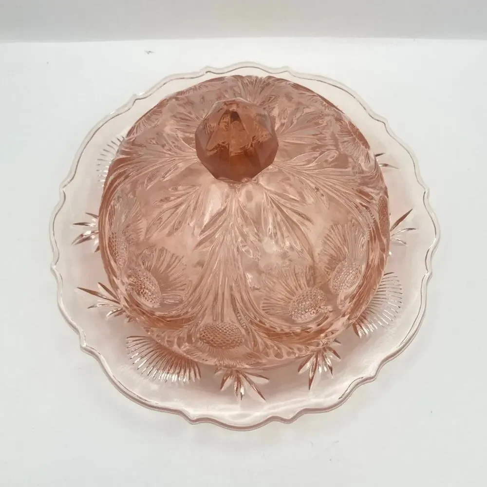 Passion Pink Round Dome Covered Butter Dish Inverted Thistle Mosser Glass USA